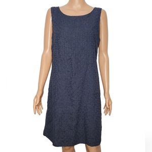 LINA TOMEI Women's Sz M Dress Blue Linen Embroidered Flowers Side Stretch Panels